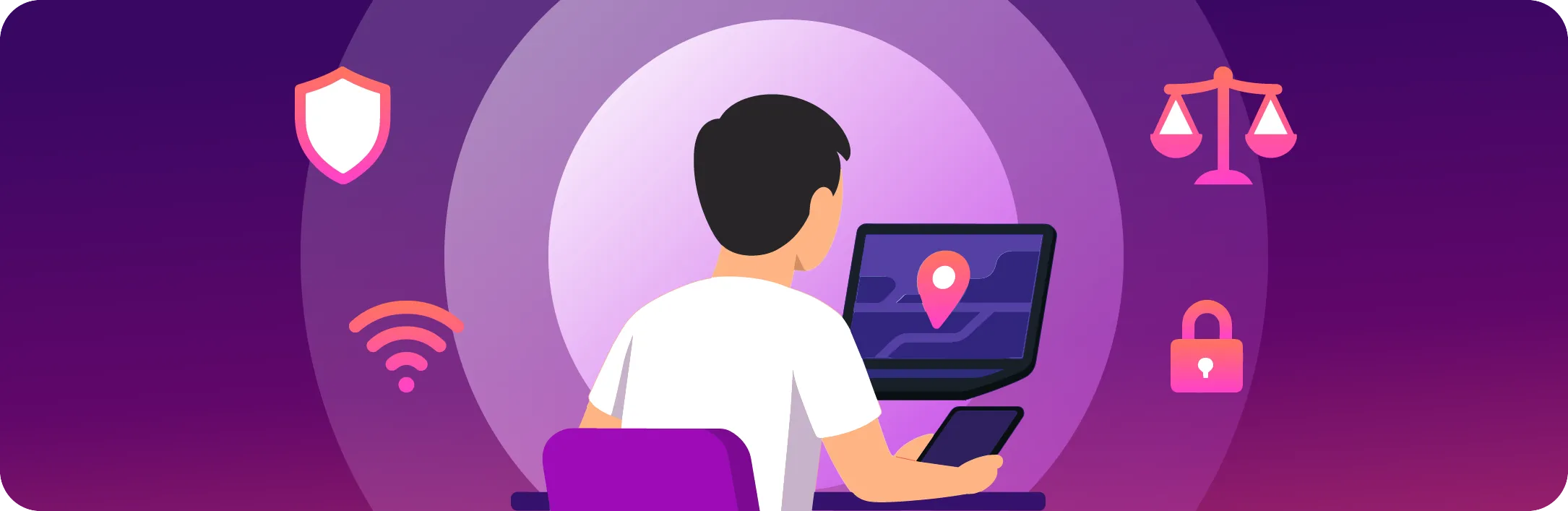 Illustration of a person sitting at a desk using a laptop and phone with a location pin on the screen, surrounded by icons of a shield, Wi-Fi signal, scales, and a lock